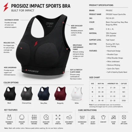 PROSIDZ black high-impact sports bra with moulded cups, racerback support, wide shoulder straps and elastic underband