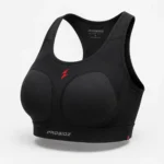 PROSIDZ Impact Sports Bra product specification image showing racerback design, moulded cups, moisture-wicking fabric and size chart