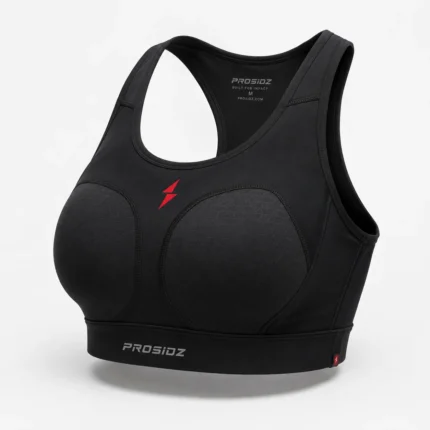 PROSIDZ Impact Sports Bra product specification image showing racerback design, moulded cups, moisture-wicking fabric and size chart