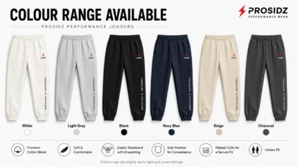 PROSIDZ performance joggers colour range available in white, light grey, black, navy blue, beige, and charcoal