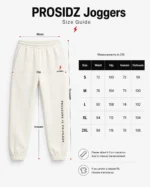 PROSIDZ joggers size guide with waist, hip, inseam, and outseam measurements in centimeters