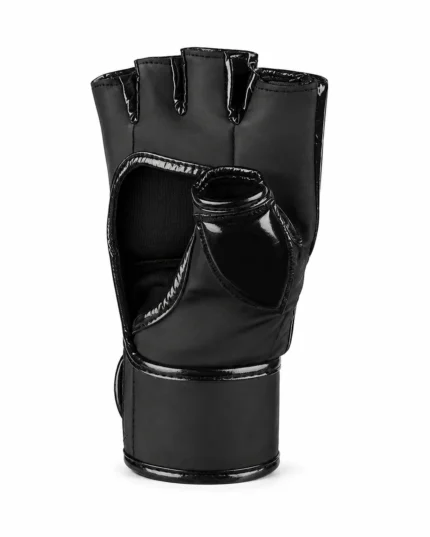 Back view of PROSIDZ black MMA gloves with red branding and padded knuckle design