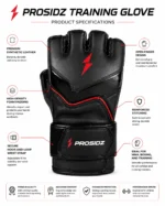 PROSIDZ MMA gloves product specification image showing PU leather, foam padding, and wrist