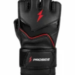 PROSIDZ black and red MMA training gloves with open-finger design and wrist strap