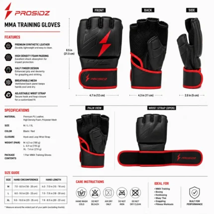 PROSIDZ MMA gloves color range in black red, black blue, black grey, all black, and white black