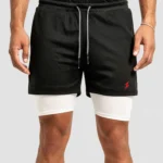 PROSIDZ men’s 2-in-1 shorts product specs showing waistband, pockets, liner and training features