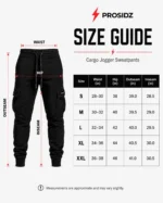 PROSIDZ men’s cargo jogger sweatpants size guide with waist hip outseam and inseam