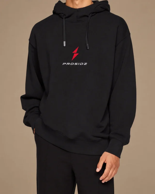 PROSIDZ men’s black oversized performance hoodie with red lightning logo front view
