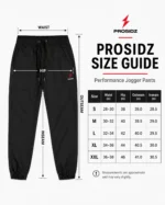 PROSIDZ men’s black jogger pants size guide with waist hip outseam and inseam measurements