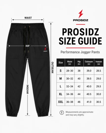 PROSIDZ men’s black jogger pants size guide with waist hip outseam and inseam measurements