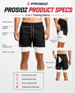 PROSIDZ men’s 2-in-1 training shorts size guide with waist hip outseam and inseam measurements