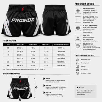 PROSIDZ black and white satin Muay Thai shorts with elastic waistband and embroidered logo