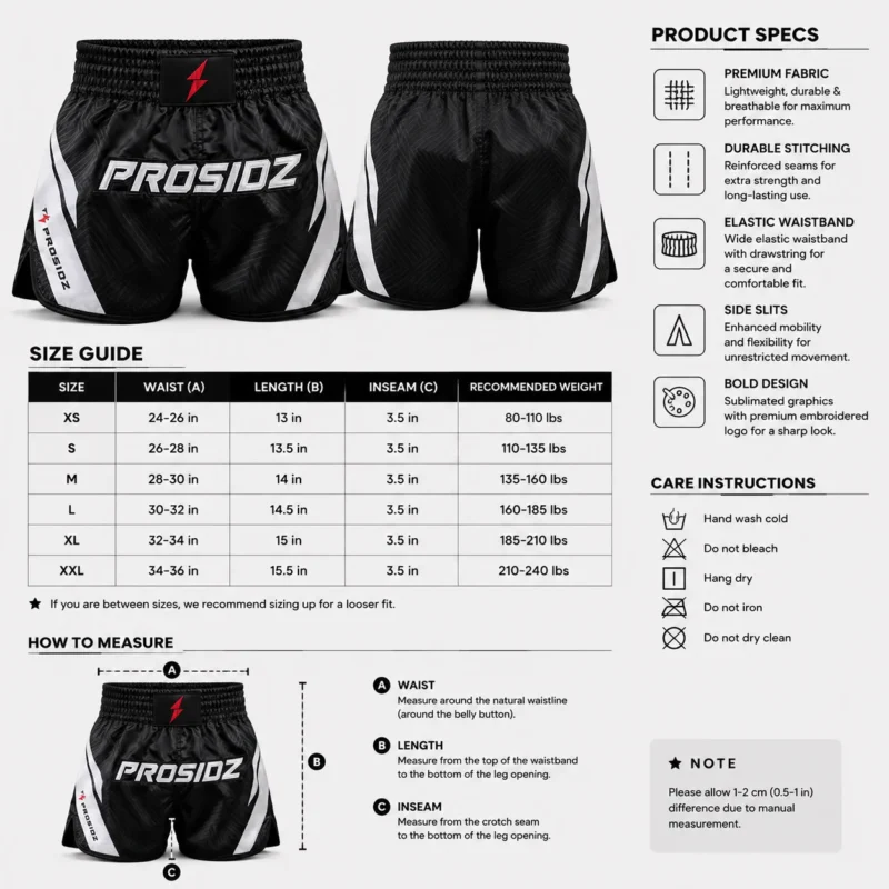 PROSIDZ black and white satin Muay Thai shorts with elastic waistband and embroidered logo