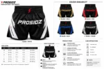 Size guide for PROSIDZ Muay Thai shorts with waist, length, inseam and recommended weight