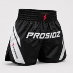 PROSIDZ Muay Thai shorts available in black white, black gold, black red, black blue and black silver