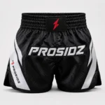 PROSIDZ Muay Thai shorts product specifications showing satin fabric, elastic waistband and side slits