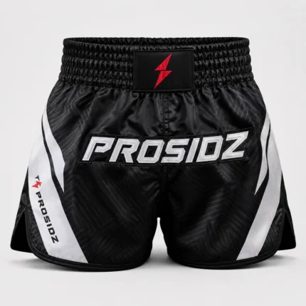 PROSIDZ Muay Thai shorts product specifications showing satin fabric, elastic waistband and side slits