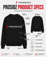 PROSIDZ oversized crewneck sweatshirt product specs showing ribbed neck, dropped shoulders, cuffs and hem