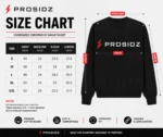 PROSIDZ oversized crewneck sweatshirt size chart with chest shoulder sleeve and length measurements