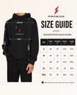 PROSIDZ men’s oversized hoodie product specs showing hood, dropped shoulders, pocket, cuffs and branding