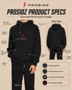 PROSIDZ oversized performance hoodie size guide with chest shoulder sleeve and length measurements
