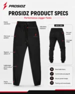 PROSIDZ men’s jogger pants product specs showing waistband, pockets, fabric and cuffed hems