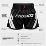 PROSIDZ Muay Thai shorts available in black white, black gold, black red, black blue and black silver