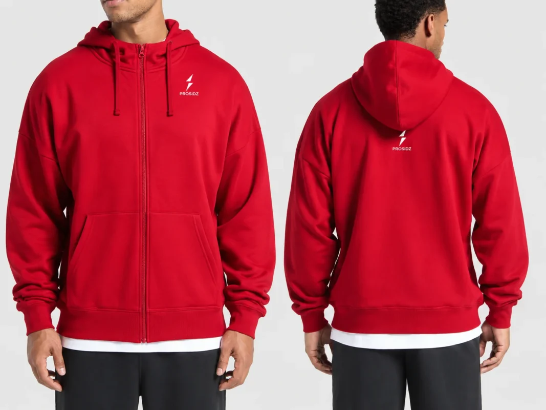 PROSIDZ red zip up hoodie back view with hood and back logo branding