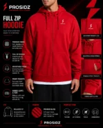 PROSIDZ men’s red full zip hoodie size guide with chest shoulder sleeve and length measurements