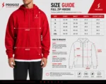PROSIDZ red full zip hoodie product specs showing zipper, hood, pockets, cuffs and fabric details