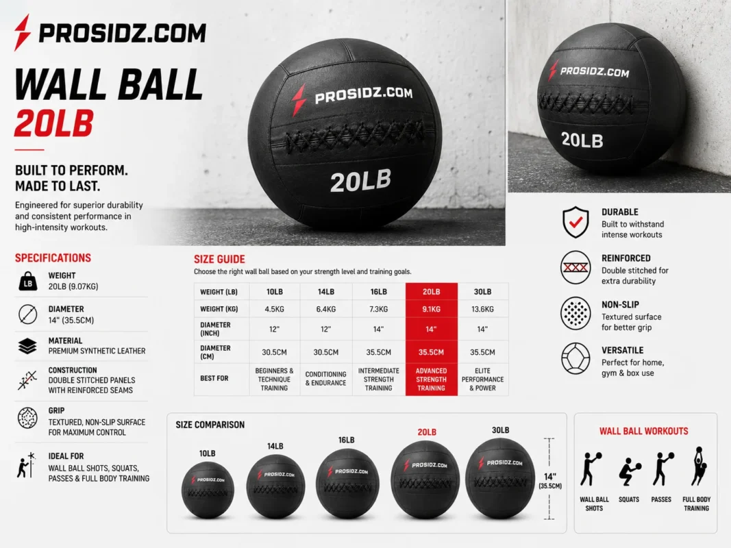 Durable 20LB PROSIDZ wall ball for gym, CrossFit and full-body strength training.