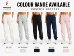 PROSIDZ women’s joggers available in ivory white, light grey melange, jet black, navy blue, and blush pink