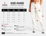 PROSIDZ women’s joggers size guide with waist, hips, inseam, and length measurement chart