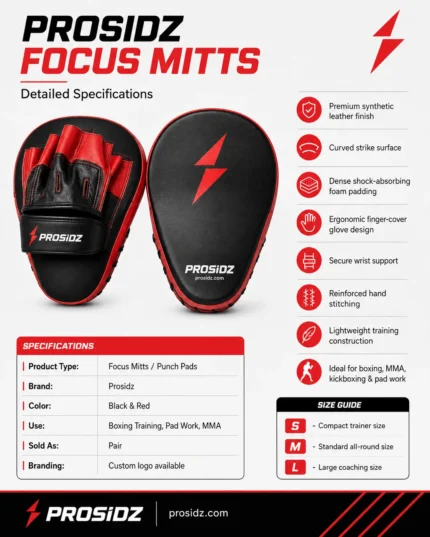 PROSIDZ Boxing Focus Mitts with curved black striking surface, red trim and premium training design.