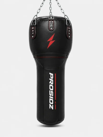A premium black PROSIDZ boxing MMA training punching bag featuring red stitching, reinforced hanging chains, and professional branding for gym and home training.
