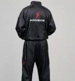 Back view of PROSIDZ black sauna suit tracksuit with large logo branding and elastic waist pants