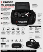 Spacious PROSIDZ MMA & Boxing Bag designed to carry gloves, wraps, clothes, and training gear.