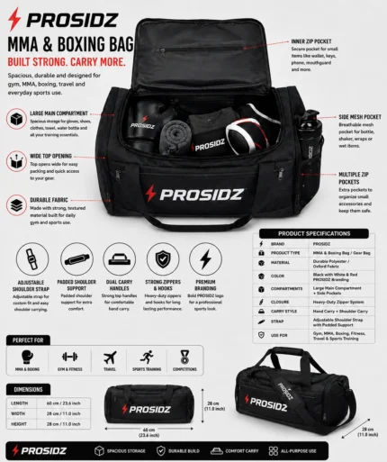 Spacious PROSIDZ MMA & Boxing Bag designed to carry gloves, wraps, clothes, and training gear.