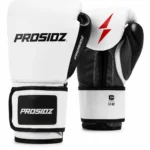 PROSIDZ white boxing gloves with size guide for boxing, sparring, and combat sports training.