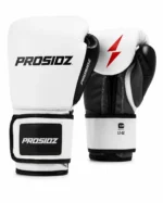 PROSIDZ white boxing gloves with size guide for boxing, sparring, and combat sports training.