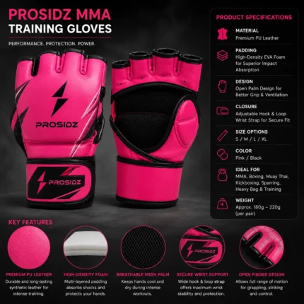 PROSIDZ pink MMA gloves available in multiple colour options