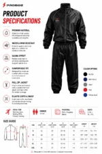 PROSIDZ sauna suit size guide with jacket chest, jacket length, pants waist, pants length, height and weight chart