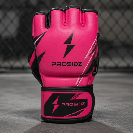 PROSIDZ pink MMA training gloves front view with black wrist strap