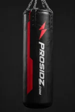 Close-up view of PROSIDZ punching bag with premium black finish and bold red branding