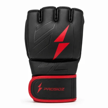 PROSIDZ MMA training gloves front view in black and red with padded knuckle protection