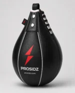 Angled view of Prosidz black speed bag with reinforced stitching and top hanging loop