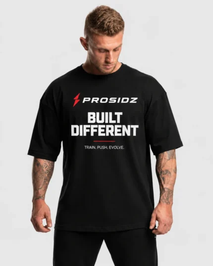 Built Different oversized black workout T-shirt with Prosidz logo