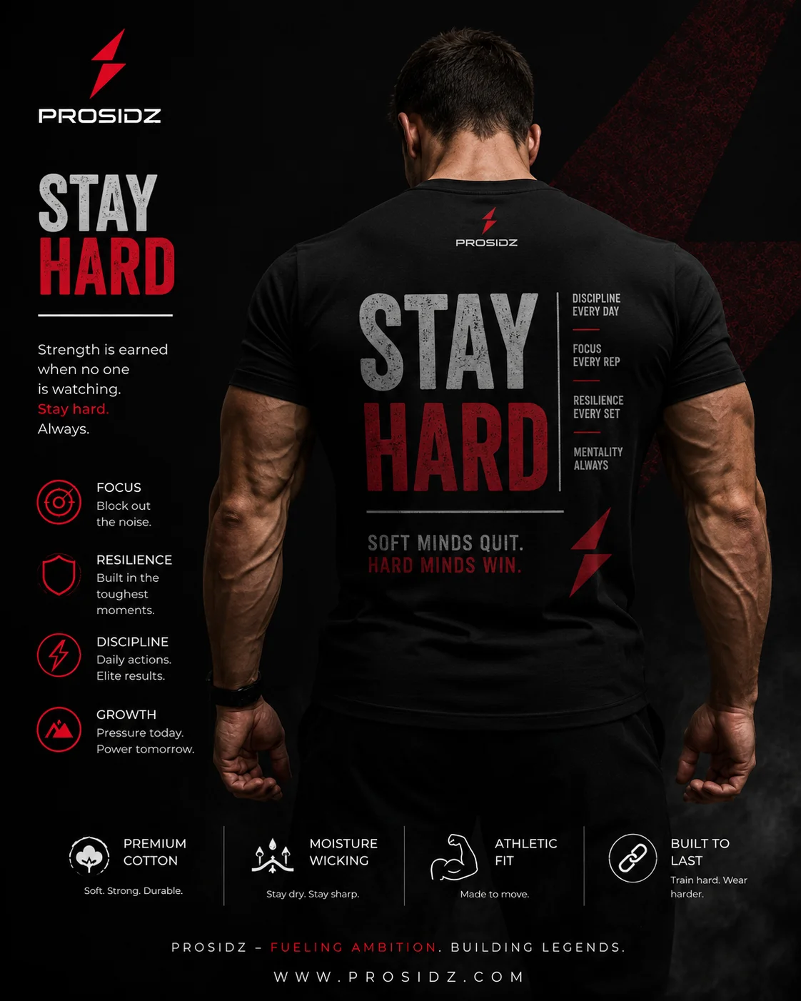 Prosidz Stay Hard black training T-shirt back pose with red bolt logo Premium black fitness T-shirt with red and white Prosidz branding
