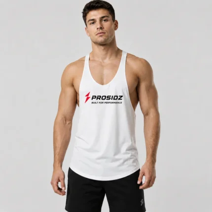 Prosidz white performance stringer tank front view for men