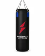 Professional gym action shot of a Prosidz punching bag during boxing practice, showing realistic training use and premium sports branding.